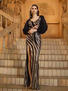 Black Sequin Deep V-Neck Puff Sleeves Slit Prom Dress - Black - View 5