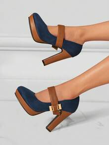 Ladies' Elegant Thick Heel High Heels, Elegant Solid Color Mary Jane Shoulder Strap Casual Shoes, Comfortable Office Shoes - Màu xanh lam - Xem 2