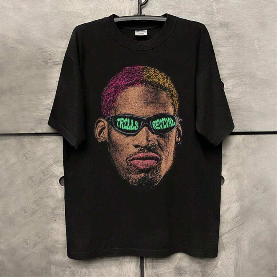 Rodman American High Street Small Collar Chic TRENDSSy Cool Short Sleeve Men And Women Rascal Handsome Atmosphere T-Shirt Cotton - 黑色 - 查看 1