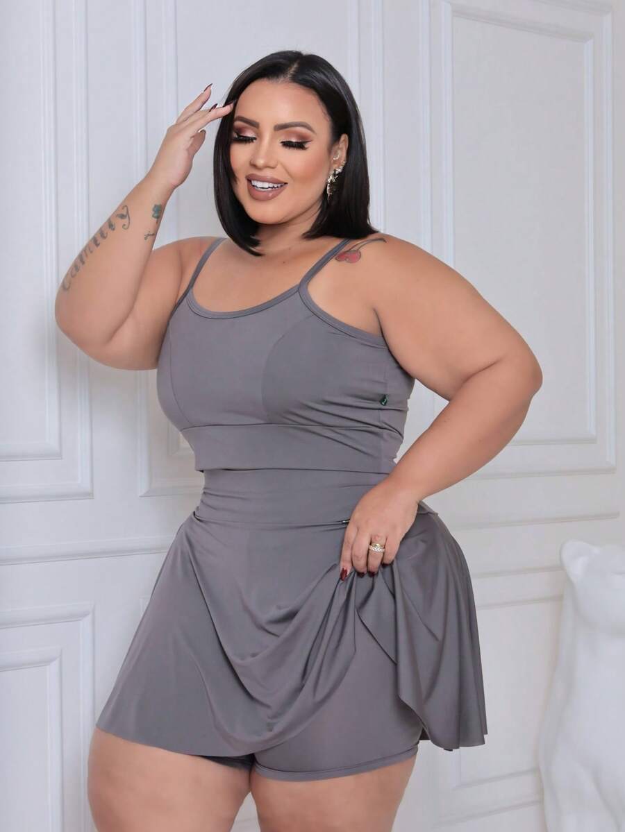 Women's Plus Size Fitness Set Top And Shorts Skirt In Ronantic Fabric: Top With Cup Support - Xám - Xem 1