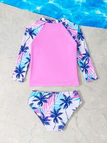 Young Girl Palm Tree Digital Print Insert Sleeve Top And Bottom Swimsuit Set - Pink - View 3