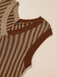 Acelitt Summer Strawberry Pink Contrast Chevron Knitted V-Neck Sweater Tank Top - Khaki - View 7