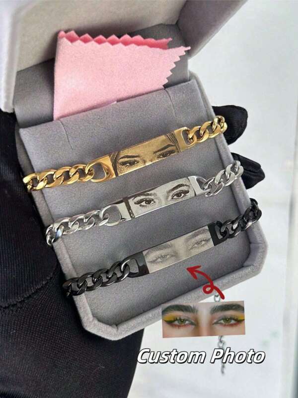 Individuelle Augen-Foto-Armkette aus Edelstahl mit Lasergravur, Geschenk in schwarz, silber, gold, Mode, Retro, einfach, minimalistisch, unisex, individuell, personalisiert, einzigartig, geeignet für ihn/sie, Freund, Freundin, Vater, Mutter, Familie, Freunde, Haustiere, Großeltern, Sohn, Tochter, Jahrestag, Geburtstag, Alltagsgebrauch, Tanzen, Vatertag, Muttertag, Valentinstag, Abschluss, Hochzeit, Valentinstag, Gold, Schwarz, Silber, Stilvoll, Farbig, Vintage, Unisex, Hipster, Einfach, Lässig, Individuell, Personalisiert, Einzigartig, Ideale Geschenke für ihn, Ideale Geschenke für sie, für Sie, für den Freund, für die Freundin, für den Vater, für die Mutter, für die Familie, für Freunde, für Jahrestage, für Geburtstage, für den Abschluss, für den Abiball, für Partys, Schmuck für Frauen