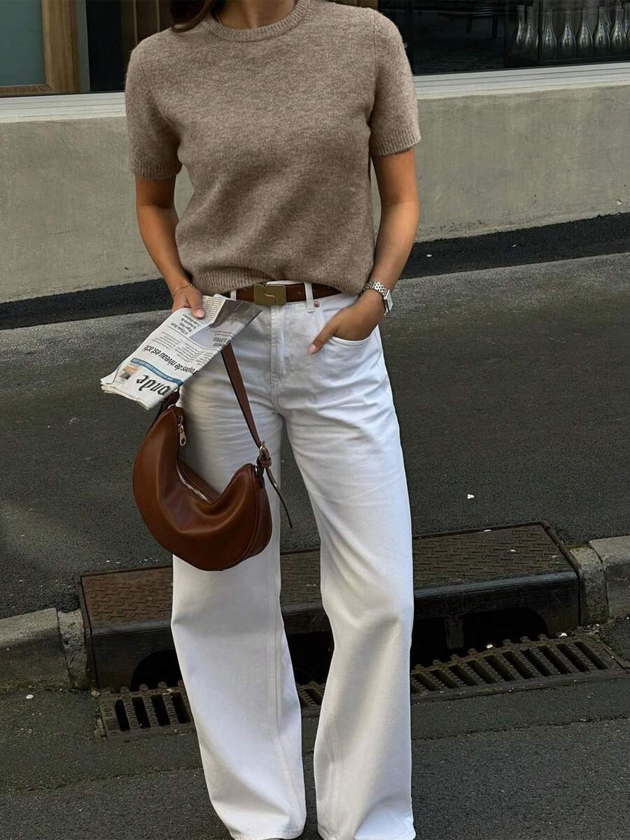 FOR BEAUTY Spring And Summer New Women's Grayish Brown Simple Temperament Commuting Pullover, Street Elegant College Casual Style, Small Round Neck Solid Color Christmas Knit Top - 灰褐混 - 查看 1