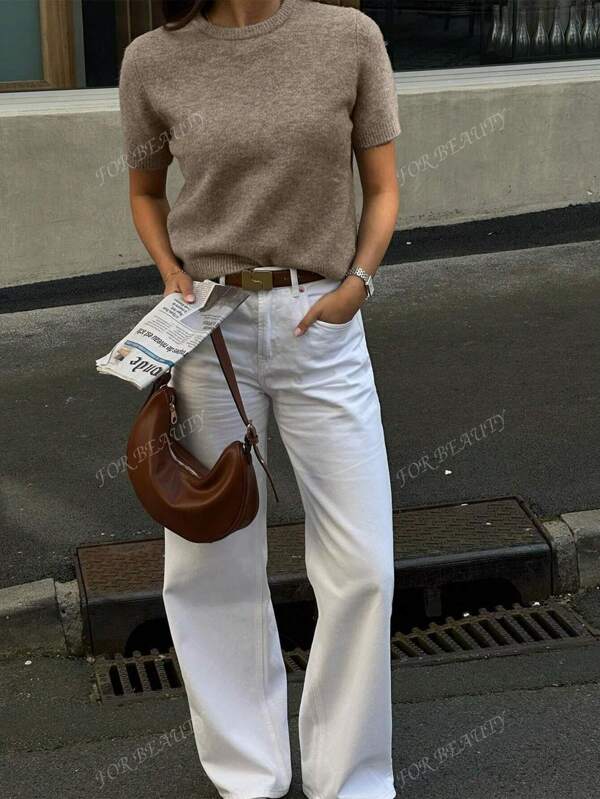 FOR BEAUTY Spring And Summer New Women Simple Commuting Knitted Top, Street Elegant College Casual Style, Small Round Neck Solid Color Graduation Knit Top