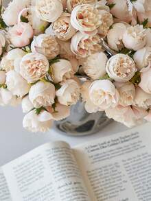 1束/2束仿真牡丹花，人造玫瑰，27枝人造牡丹，适合家居、婚礼派对、餐桌装饰、新娘送礼会装饰 - 香檳色 - 查看 6