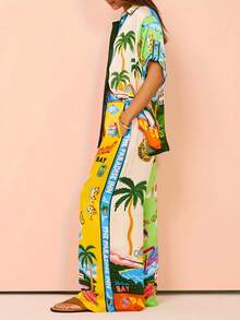Floral Two Piece Sets For Women Casual Floral Fruit Print Short Sleeve Shirt Wide Leg Pants Hawaii Beach Outfits - Yellow - View 3