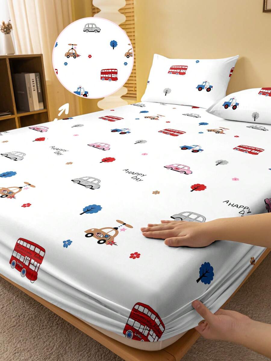 1pc Funny Car Travel Printed Microfiber Fitted Sheet, Bedroom Printed Bed Cover, Mattress Cover, Mattress Protector, Duvet Cover, Dust Protection (Pillow Cases Not Included) - Multicolor - View 1