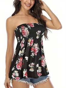 Women Tube Tops Solid Floral Leopard Print Sleeveless Tank Tops - 紅色 - 查看 2