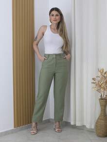 Women's Refreshing Plain Tailored Trousers With Button - Maxma 6631 - Green - View 1