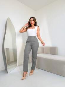 FASHION MO FEMININE - 3283 Tailored Pants, High Waist, With Side Pockets, Straight Leg, Elegant, Formal, Modern, Blogger, Vibrant Colors National Shipping New Collection - Flint Stone - View 4