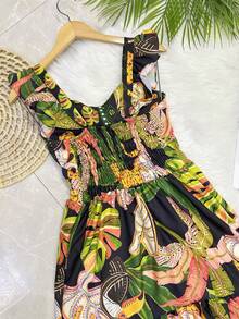 Long Dress PRINTED With Lining With Cup In Beautiful, Fashionable CREPINHO Fabric - Black Gold - View 2