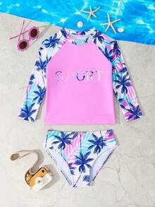 Young Girl Palm Tree Digital Print Insert Sleeve Top And Bottom Swimsuit Set - Pink - View 1