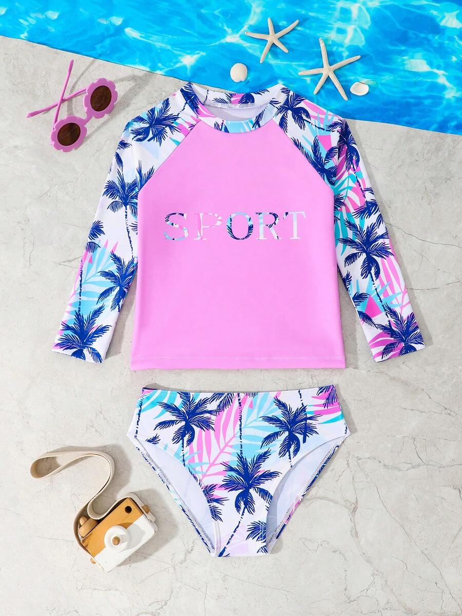 Young Girl Palm Tree Digital Print Insert Sleeve Top And Bottom Swimsuit Set - Pink - View 1