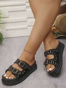 Sandales femmes grande taille à large embout 2025, nouvelle mode - Noir - Voir 4