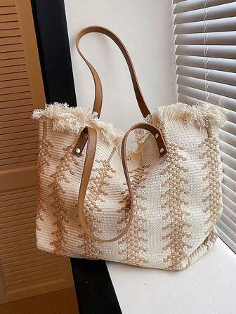 Fashion Large Capacity Letter & Tassel Decor Canvas Tote Bag, Minimalist Commuting/Shopping Shoulder Bag