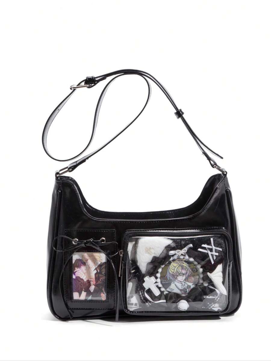 Japan's New Y2K Fashion Shopping Casual Simple Street Commuting Large-Capacity Girls' College Oil Wax Leather Transparent Badge Pain Bag Multi-Functional Shoulder Bag Cross-Body Bag, Can Put Grain, Can Hang Key Chains, Can Put Postcards, Street & Japanese Bag For Women
