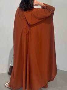 Long Sleeve Woven Fabric Abaya, With Open Collar And Slit Details, Elegant Women's Long Jalabiya, Saudi National Day - Orange - View 5