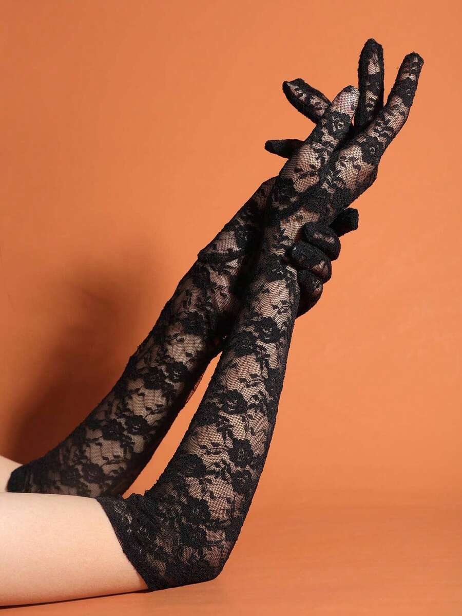 1 Pair Women Lace Embroidered Gloves, Suitable For Weddings, Parties, Halloween Wedding Valentine's Day Valentines