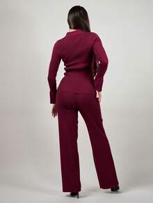 Andrea Bello 女士春秋冬优雅商务通勤套装酒红色休闲简约针织毛衣套装安科拉红色毛衣2件套酒红色针织开衫与裤子套装