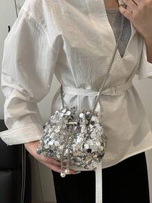 1 buah Tas Ember Tahan Air Berkilau dengan Penutup Tali Serut PVC, Hiasan Payet dan Logam, Dekorasi Mutiara & Logam, Tas Clutch Wanita Berwarna-warni Mengkilap, Tas Selempang & Bahu, Cocok untuk Pesta & Acara Formal - Perak - View 4