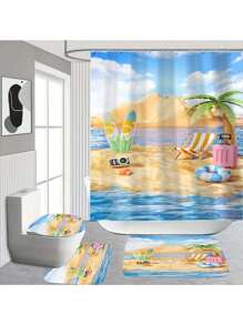 1 Peça/4 Peças Conjunto de Cortina de Chuveiro com Tema de Praia com Letras em Bolhas, com Tapete Antiderrapante, Tampa de Assento Sanitário, Tapete de Banheiro e 12 Ganchos de Plástico - Lavável em Máquina, Decoração de Banheiro em Poliéster Resistente a Manchas, Adequado para Todas as Estações - Acessórios de Banho com Tema Natural de Volta às Aulas