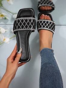 Women's Strap Rhinestone Decor Casual Sandals, Outdoor Plastic Flat Slippers