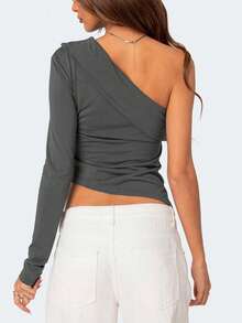 Women's Long-Sleeved Spring/Summer Knitted Diagonal Shoulder Asymmetrical Top - Dark Grey - View 2
