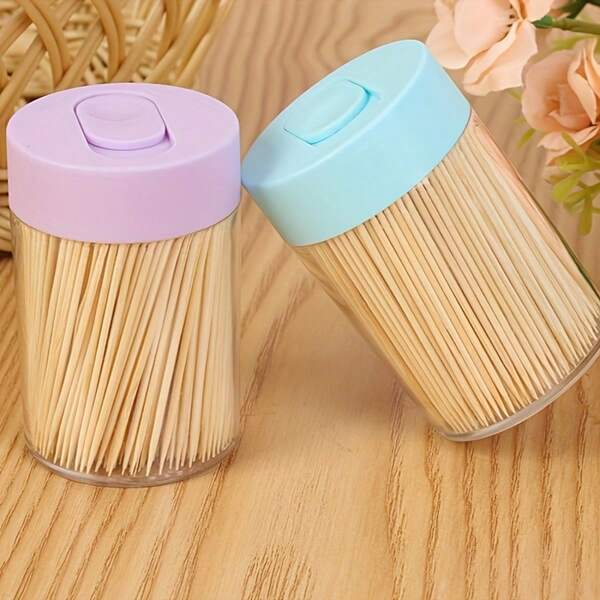 4 stuks/set (500 stuks tandenstokers + 1 cilindrische container), natuurlijke wegwerptandenstokers met klepje, geschikt voor thuis, restaurant en hotelgebruik, willekeurige kleur