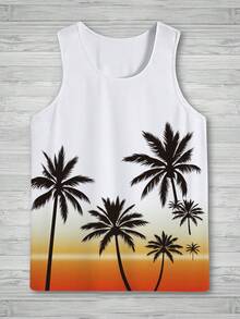 New Palm Tree & Green Plant Print Casual T-Shirt For Men, Summer - White - View 2