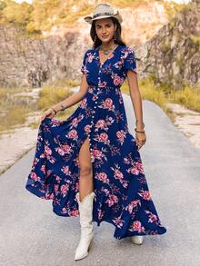 Rusttydustty Robe légère et confortable à col V noir avec motif floral, style bohème, ambiance exotique, convient pour les vacances à la plage et les festivals de musique - Bleu azur - Voir 4