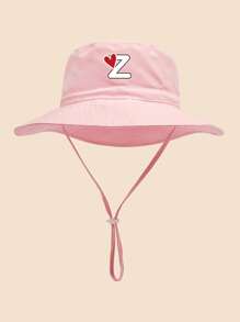 1 pezzo Cappello da sole per bambini con stampa a cuori e lettere, con cordino regolabile antivento, stile casual, cappello secchiello per neonati, adatto per attività all'aperto, spiaggia, protezione dal sole
