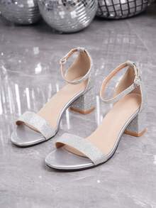 Women's Silver Wedding Sandals, Round Toe Chunky Heel Design With Glitter Material, Suitable For Weddings, Parties, Simple Strap Wedding Style Sandals,Spring Summer Outfits - Silver - View 6
