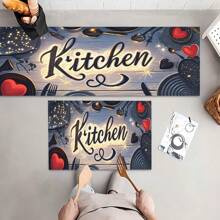 Kitchen Rug And Mat Set With My Kitchen Phrase Pattern, Non-Slip Washable, Kitchen Cushion, Smooth Soft Comfortable Easy To Clean Material, Suitable For Bedroom, Living Room, Dining Room, Kitchen, Bathroom, Entryway