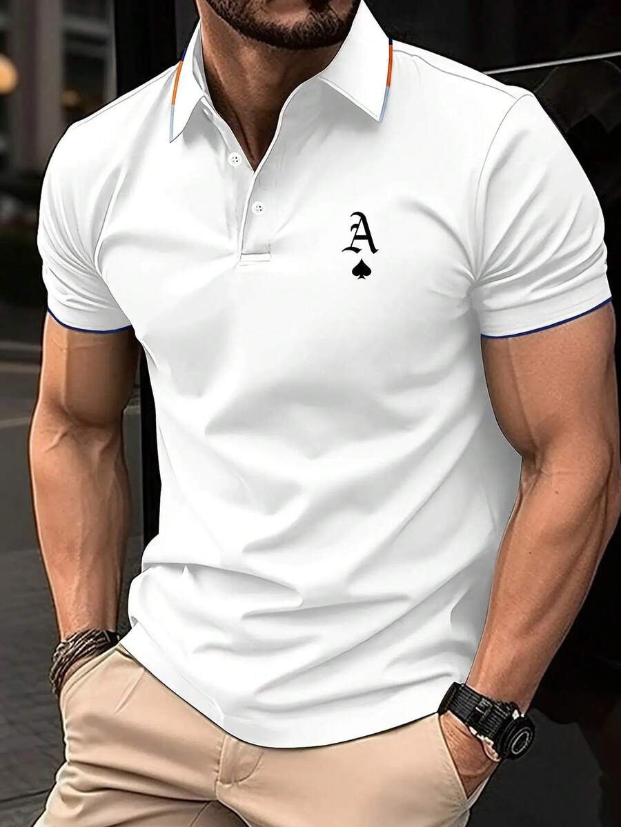Men's Casual Spades Printed Polo Shirt, Stand Collar Short Sleeve Business Fashion Design, Suitable For Summer Outings, Office, Gathering, Party - White - View 1
