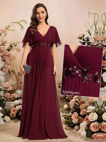 Elegant V-Neck Embroidered Ruffle Sleeve Pleated Chiffon Burgundy Bridesmaid Dress, Wedding Guest Dress, Semi-Formal Evening Gown, New Year Dress - Burgundy - View 8