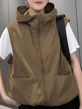 Chaleco sin mangas para mujer, nuevo para primavera/otoño, diseño ajustado casual, con capucha con cremallera, bolsillos, bajo ajustable, ligero, moda versátil para exteriores