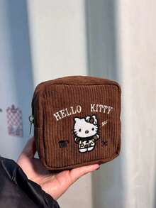 Sanrio No.1 Sanrio Hello Kitty Muster Make-up Tasche, Kastanienbraune Stickerei, zwei Erscheinungsformen, modische multifunktionale Reise-Aufbewahrungstasche - geeignet zum Aufbewahren von Toilettenartikeln, Damenbinden und Kosmetika, ein Muss für die Reise