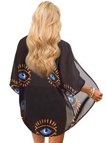 Plus Size Eye Print Kimono Cover Up, Spring Summer Casual Holiday Kimono Black