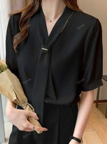 Women's Casual & Office Solid Color Tie Neck Short Sleeve Blouse