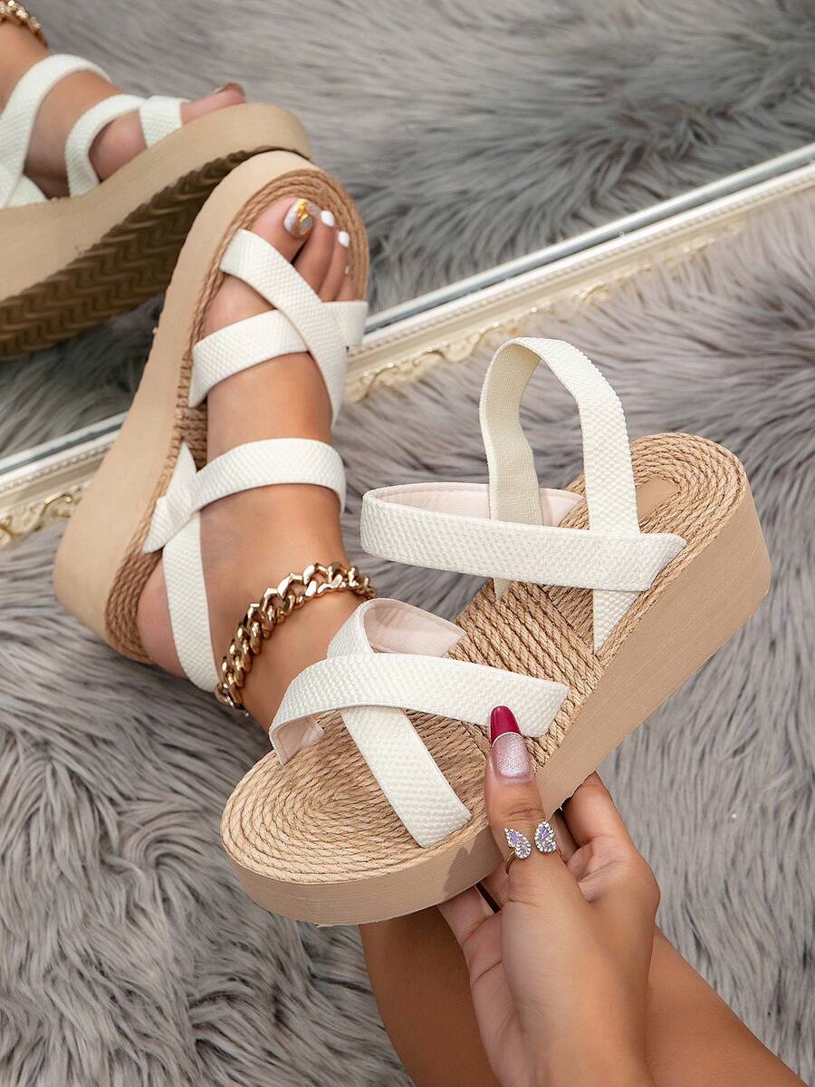 Giày sandal đế xuồng bằng rơm dệt kim dày dặn dành cho nữ, dép đi biển thường ngày, đế bằng sợi raffia, phù hợp với trang phục mùa xuân hè.