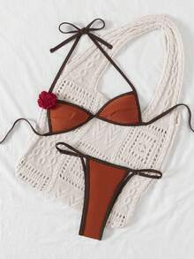 2pcs Sexy Micro Bikini Set, Halter Flower Accent Top And Adjustable High Cut Triangle Bottoms - Multicolor - View 4