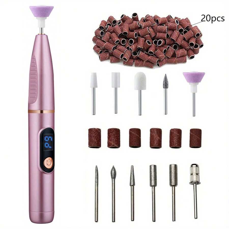 1 pieza Esmerilar de uñas eléctrico recargable de 300mAh, suave y brillante - Lima de uñas eléctrica, mini bolígrafo de manicura y set de cabezales de esmerilado múltiple