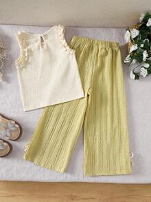 年轻女孩夏季新款无袖休闲上衣和裤子 2 件套服装 - 杏色 - 查看 2