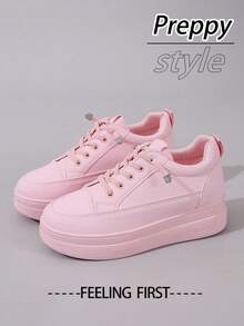 Beige Fashionable Versatile Slip-On Platform Thick Bottom Wedge Sneakers For Women, Suitable For Spring & Autumn - Pink - View 2