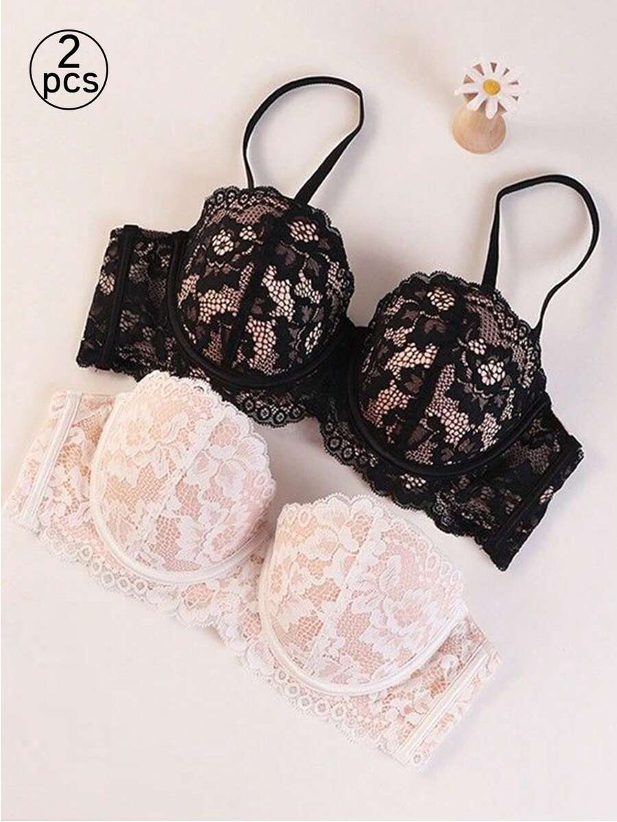 2 Stylish Teen Girl Multicolor Lace Lace Teen Lingerie, Comfortable Gathering Non-Slip French Female Bra, Bra Underwear, Detachable Shoulder Strap,