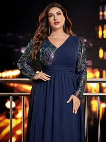 Plus Size Sequin Splicing Chiffon A-Line Formal Evening Dress, V-Neck, Long Sleeve Elegant Prom Wedding Guest Gown, For Graduation, Dinner - Màu xanh hải quân - Xem 6