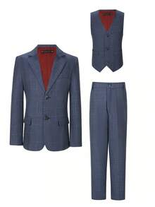Boys Grid Suits 3-Pieces Suit Set Toddler Tuxedos Dresswear Ring Bearer Outfit Wedding Blazer Vest Pants Formal Suits For Kids Dark Blue Size 6-16Y - Dark Wash - View 2