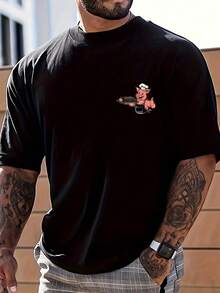 男士时尚红色小猪厨师字母图案印花 T 恤 - 黑色 - 查看 3