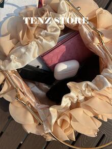 Apricot Floral Petal Handbag, Chiffon Ruffle Floral Decor, Gold Handle And Shoulder Strap, Large Capacity For Phone, Lipstick, Suitable For Wedding Guest, Party, Gala, Dinner Date, Cocktail, Graduation Ceremony And Formal Occasions - Apricot - View 7